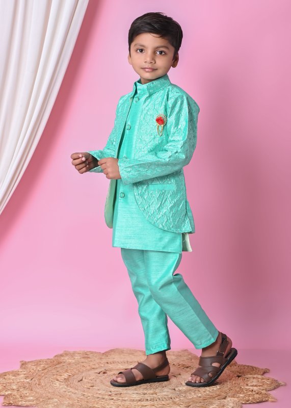 Boys Festive Ethnic Set u2013 Kurta Pajama with Embroidered Nehru Jacket - SKY-GREEN - Additional Image 2