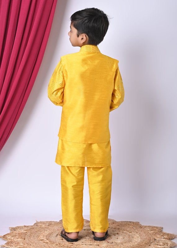 Boys Festive Ethnic Set u2013 Kurta Pajama with Printed Nehru Jacket - YELLOW - Additional Image 2
