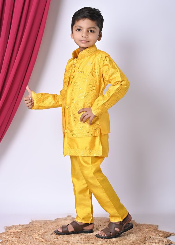 Boys Festive Ethnic Set u2013 Kurta Pajama with Printed Nehru Jacket - YELLOW - Additional Image 3