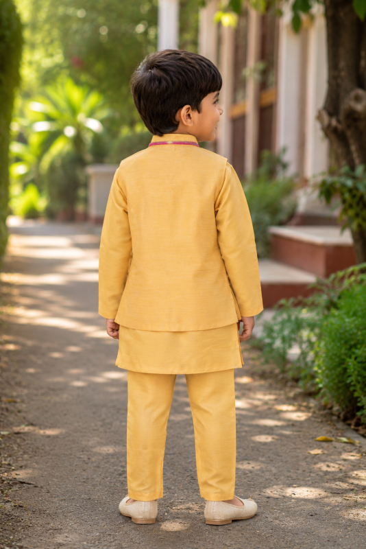 Trendy Boys Festive Kurta Pajama &  Jacket Set - YELLOW - Additional Image 1