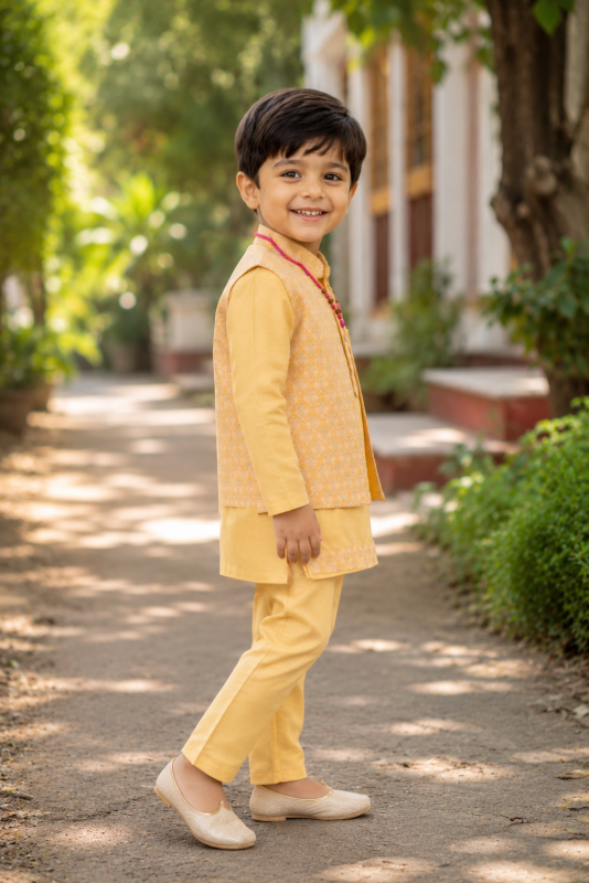 Trendy Boys Festive Kurta Pajama &  Jacket Set - YELLOW - Additional Image 2