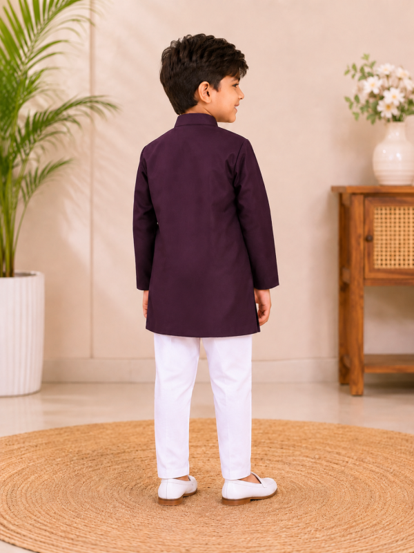Trendy Kids Floral Embroidered Kurta Pajama Set for Boys - PURPLE - Additional Image 2