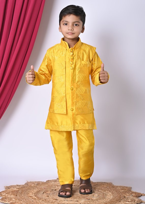 Boys Festive Ethnic Set – Kurta Pajama with Printed Nehru Jacket